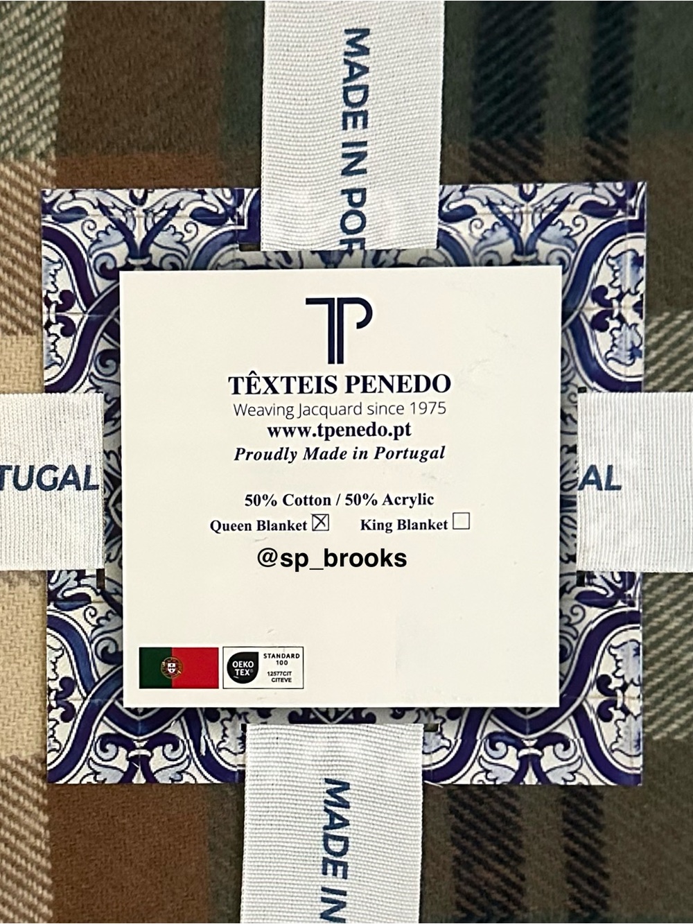 🎁Texteis Penedo Blanket - Green, Brown & Blue Plaid Cotton Blend Queen Blanket - Picture 2 of 7